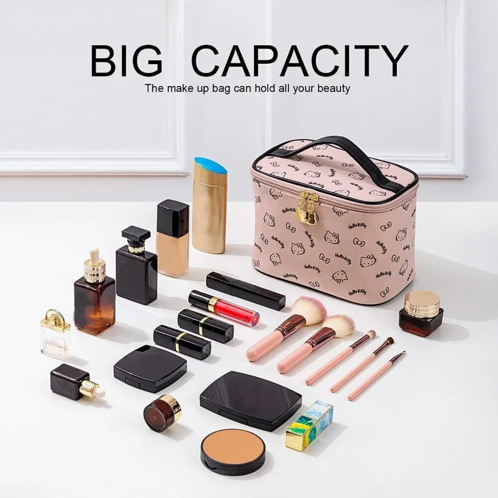 Large Cotton Travel Cosmetic Bag Organizer with Brush Holder for Women